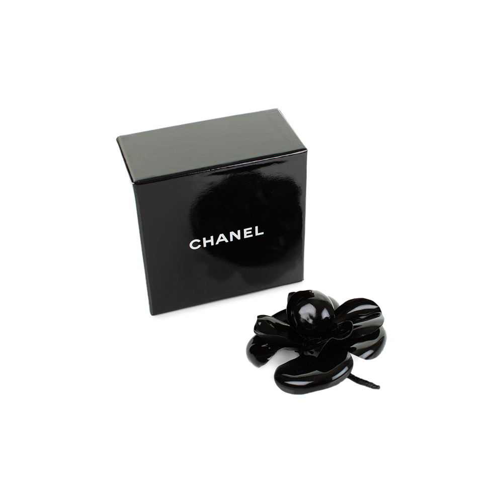 Black Patent Camellia Brooch by Chanel - Le Dressing Monaco