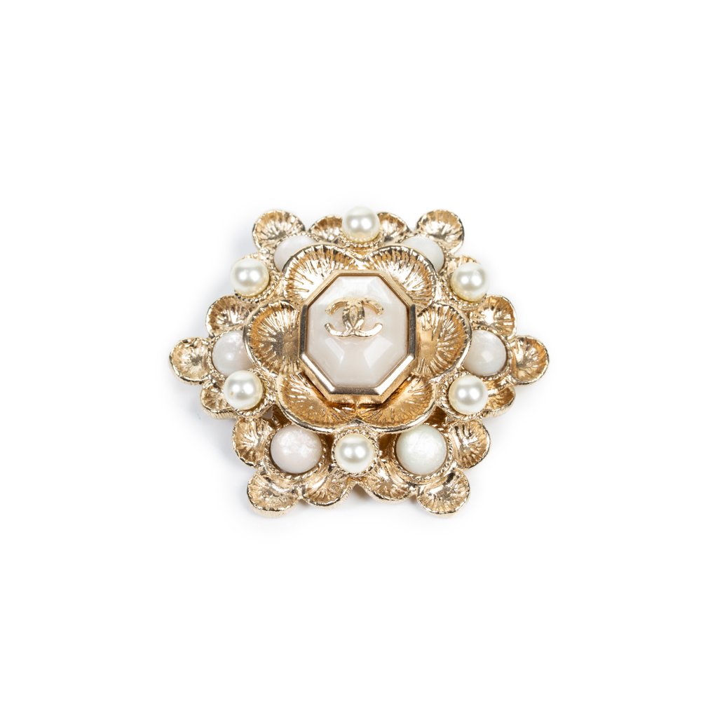 Gold Toned Pearl Embellished Brooch by Chanel - Le Dressing Monaco