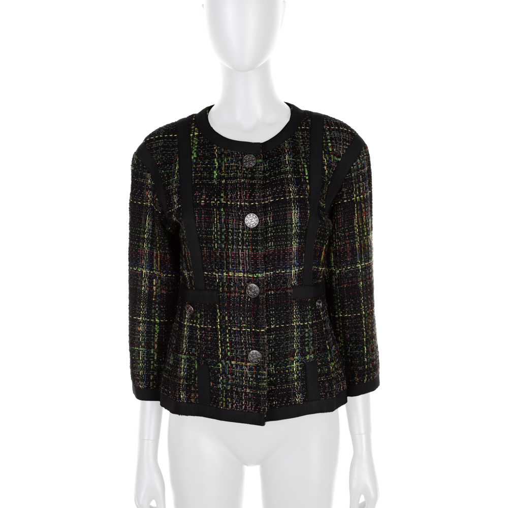 Black Green 3/4 Sleeved Boucle Jacket by Chanel - Le Dressing Monaco
