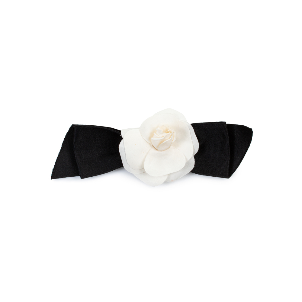 Black Off-White Ribbon Camellia Brooch by Chanel - Le Dressing Monaco
